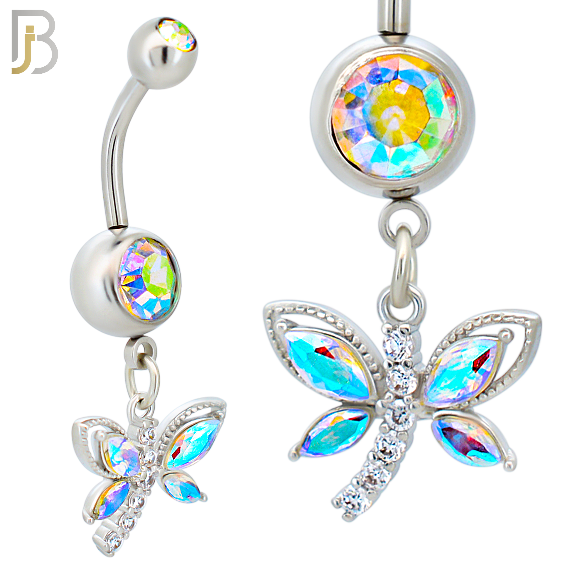N0122 - 316L Stainless Steel Dangling Butterfly with Zircon Belly Ring - Steel image