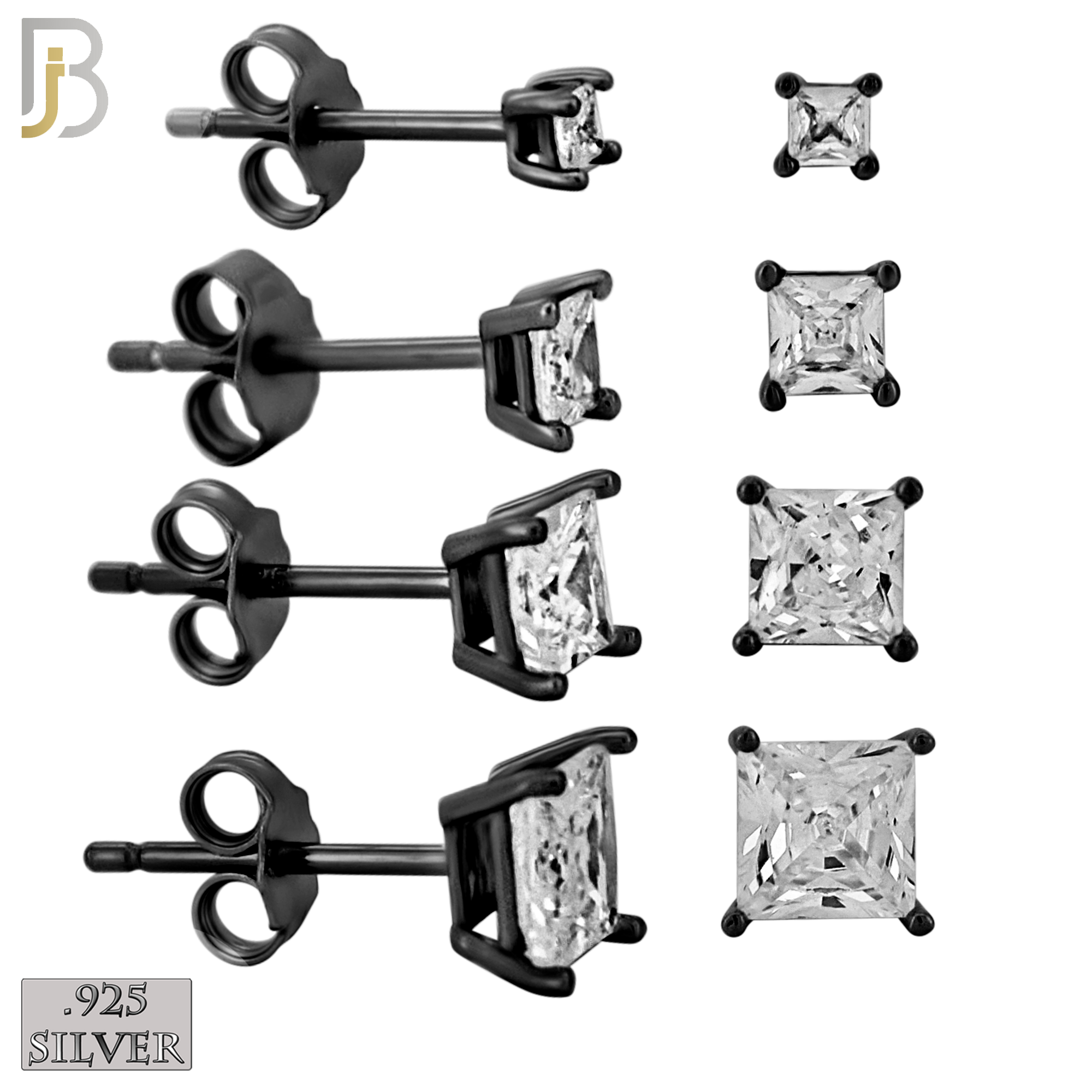 925-ES72-KC - .925 Sterling Silver Black Plated Earring Stud Casting Square Princess Cut Prong Setting Clear Zircon image 0