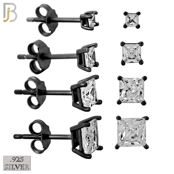 925-ES72-KC - .925 Sterling Silver Black Plated Earring Stud Casting Square Princess Cut Prong Setting Clear Zircon image 0