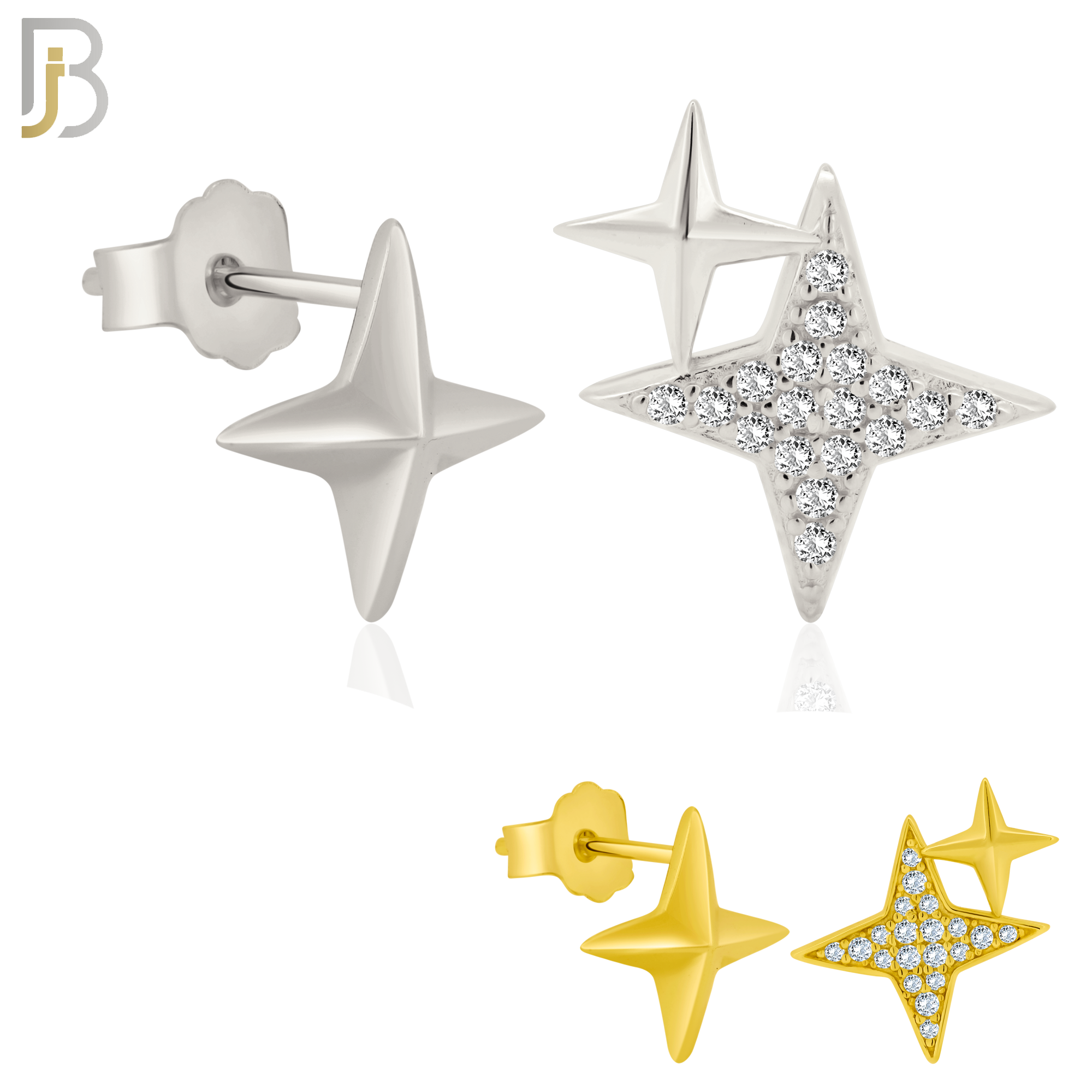 925-ES370 - Push Back - .925 Sterling Silver Four Point Star Mismatched Stud Earrings image 0