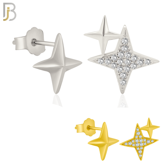 925-ES370 - Push Back - .925 Sterling Silver Four Point Star Mismatched Stud Earrings image 0