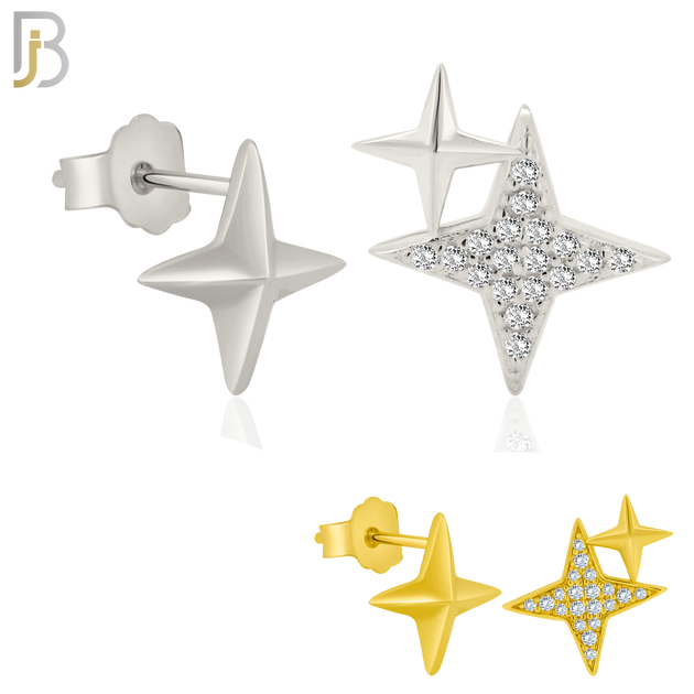 925-ES370 - Push Back - .925 Sterling Silver Four Point Star Mismatched Stud Earrings image 0