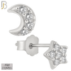 925-ES54 - .925 Sterling Silver Moon and Star Zircon Earring Stud image 1