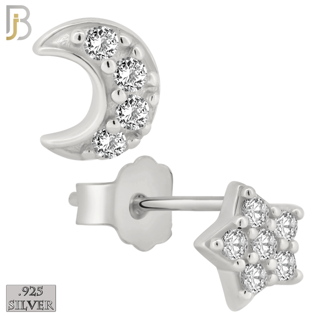 925-ES54 - .925 Sterling Silver Moon and Star Zircon Earring Stud image 1
