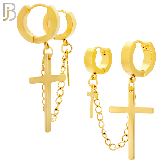 ES285 - 316L Stainless Steel Double Hoop Huggies Cross Link Chain Connector Earring image 2