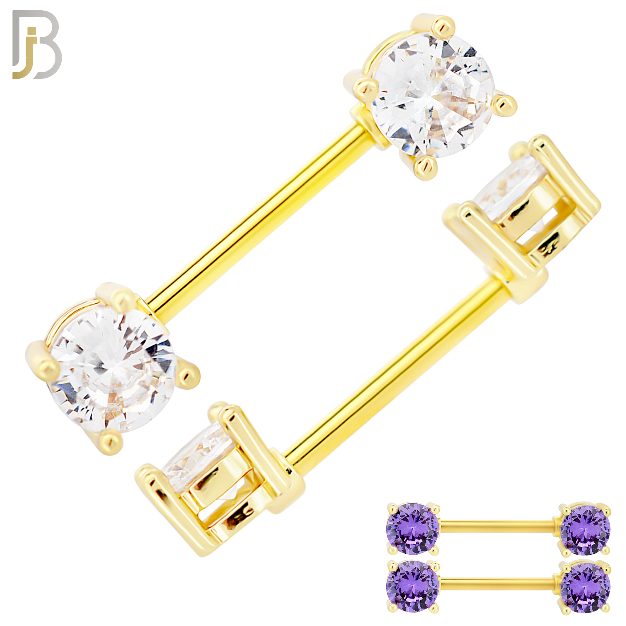 NP02G - 316L Surgical Steel Gold Plated Screw Prong Round Zircon Nipple Ring Piercing image 0