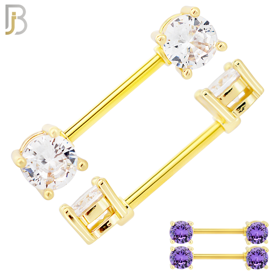 NP02G - 316L Surgical Steel Gold Plated Screw Prong Round Zircon Nipple Ring Piercing image 0