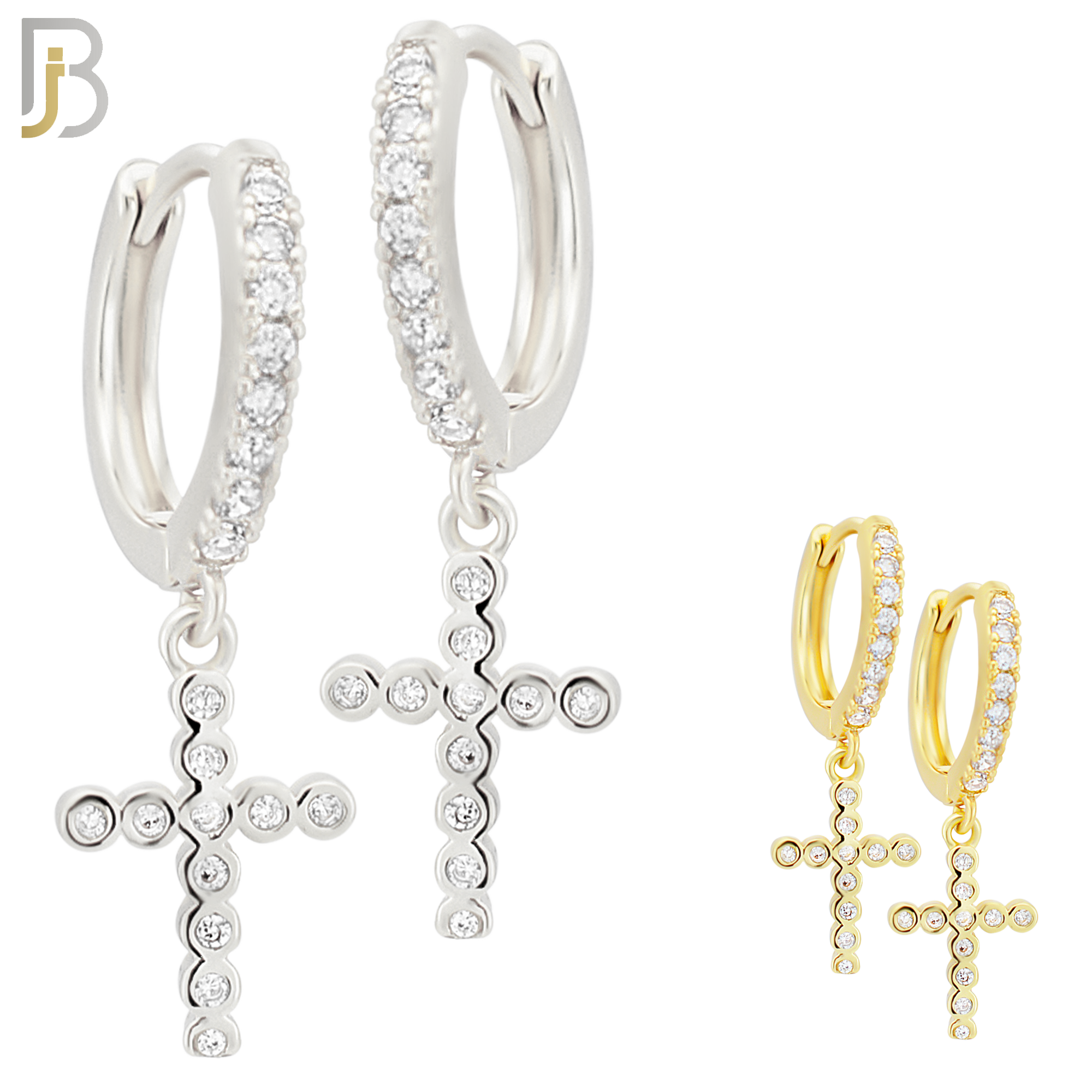 ES112 - 316L Stainless Steel Dangling Cross with Zircon Huggies Clip On image 0