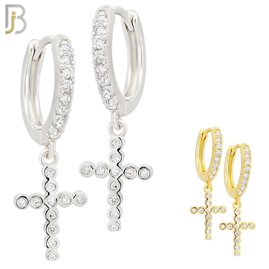 ES112 - 316L Stainless Steel Dangling Cross with Zircon Huggies Clip On image 0