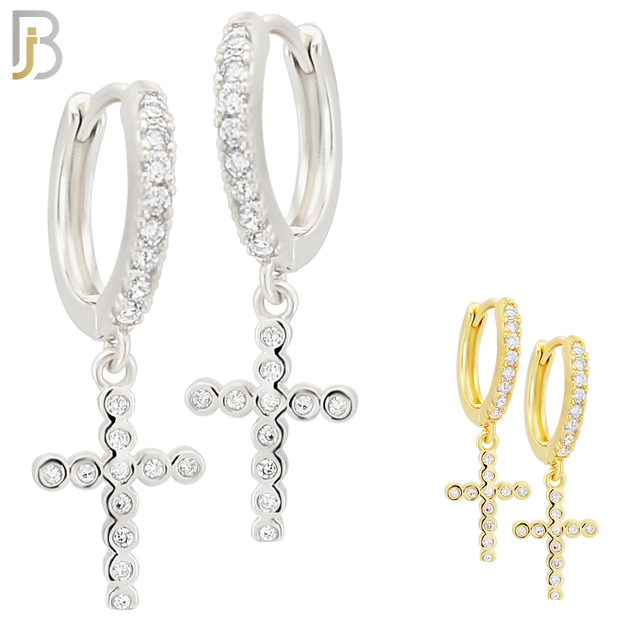 ES112 - 316L Stainless Steel Dangling Cross with Zircon Huggies Clip On image 0