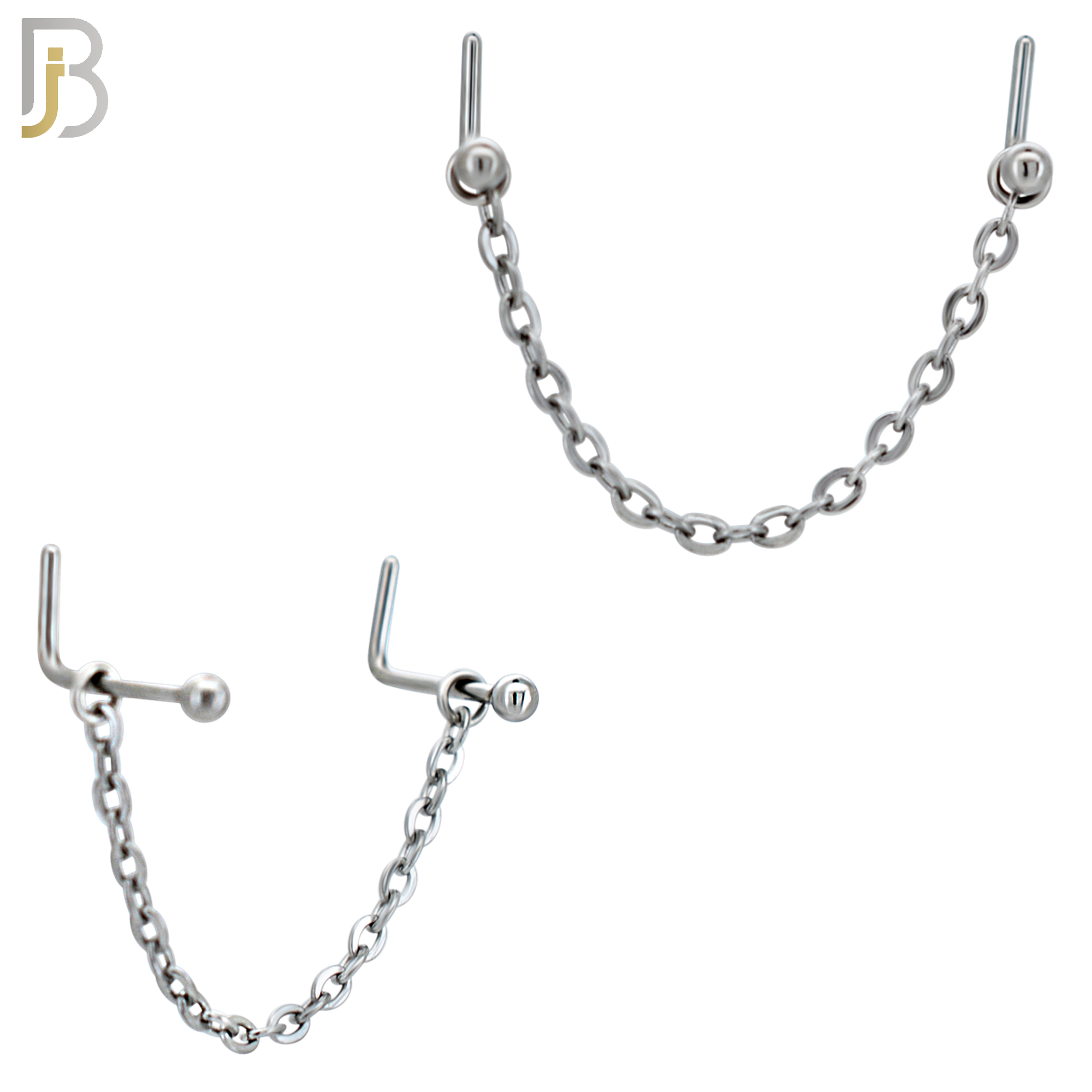 NR125L -  316 Surgical Steel Double L-Shaped Nose Rings with Plain Studs and Chain Link - (Pack of 3) image 0
