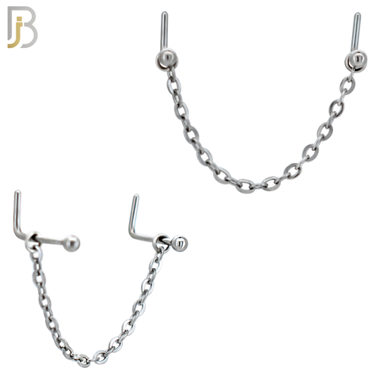 NR125L -  316 Surgical Steel Double L-Shaped Nose Rings with Plain Studs and Chain Link - (Pack of 3) image 0