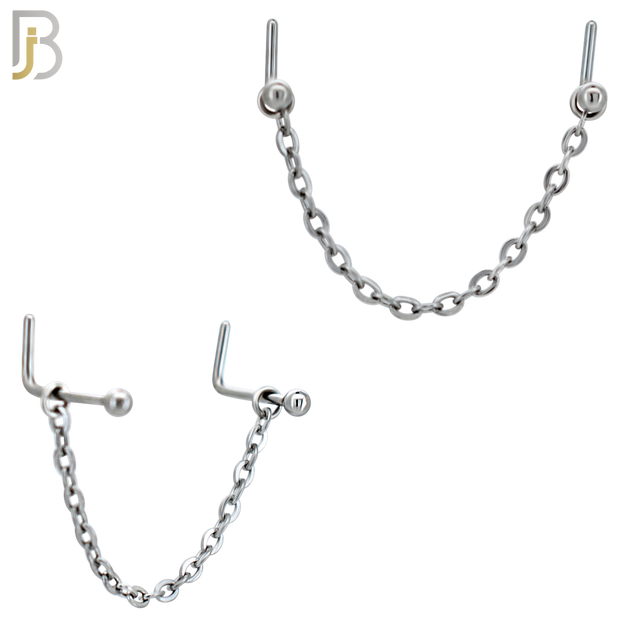 NR125L -  316 Surgical Steel Double L-Shaped Nose Rings with Plain Studs and Chain Link - (Pack of 3) image 0