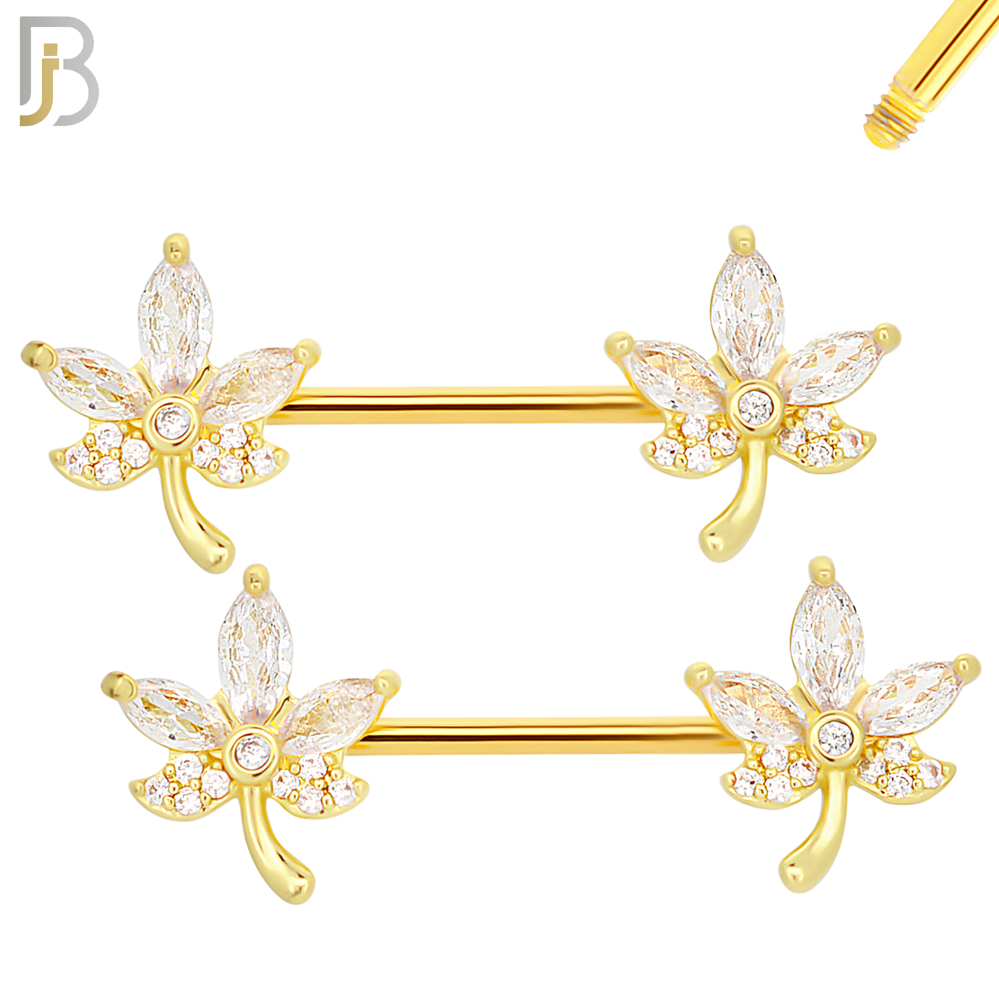 NP63- 316L Surgical Steel Leaf with CZ Design Externally Threaded Nipple Rings (Sold as Pair) image 2