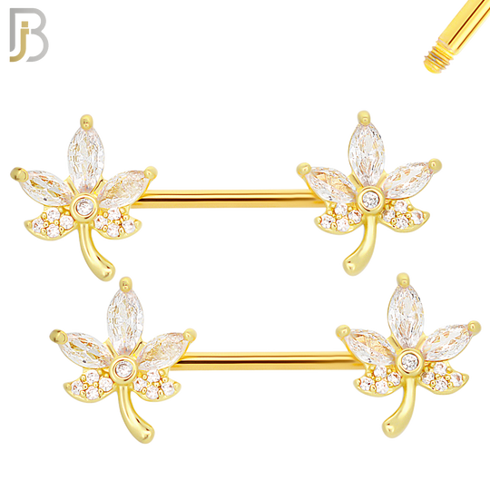 NP63- 316L Surgical Steel Leaf with CZ Design Externally Threaded Nipple Rings (Sold as Pair) image 2