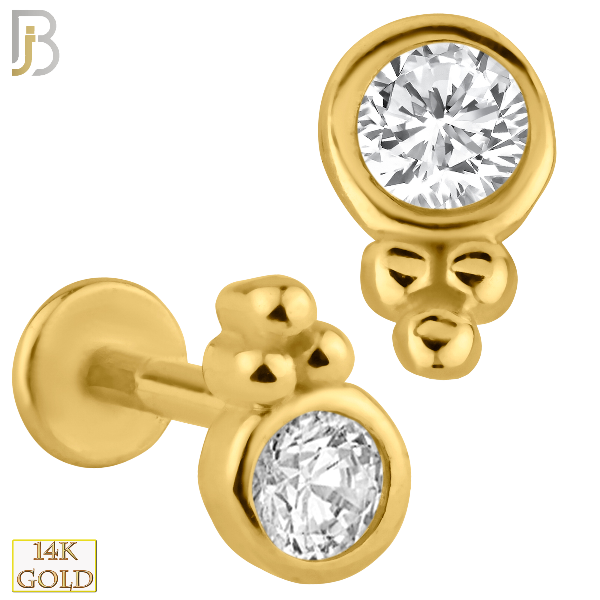 14-LB30 - 14k Solid Gold Single Round Bezel Set Zircon with Three Bead Cluster Internally Threaded Labret image 0
