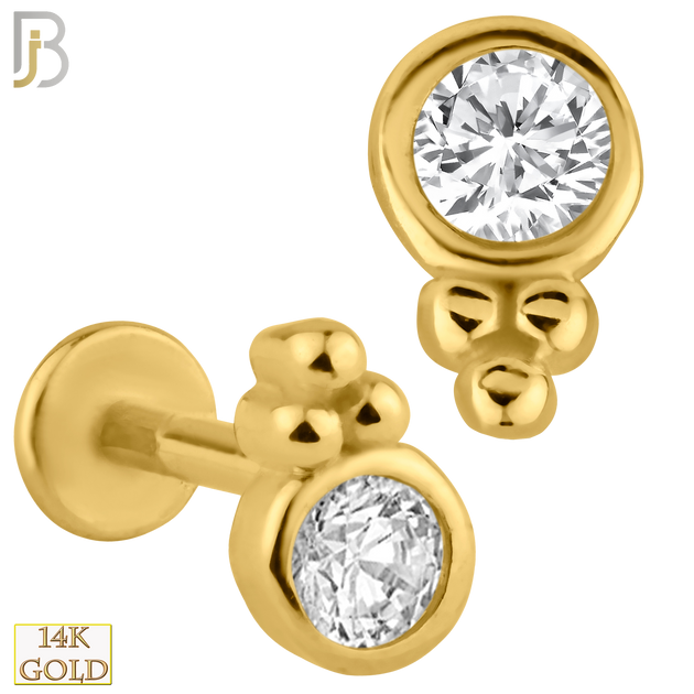 14-LB30 - 14k Solid Gold Single Round Bezel Set Zircon with Three Bead Cluster Internally Threaded Labret image 0