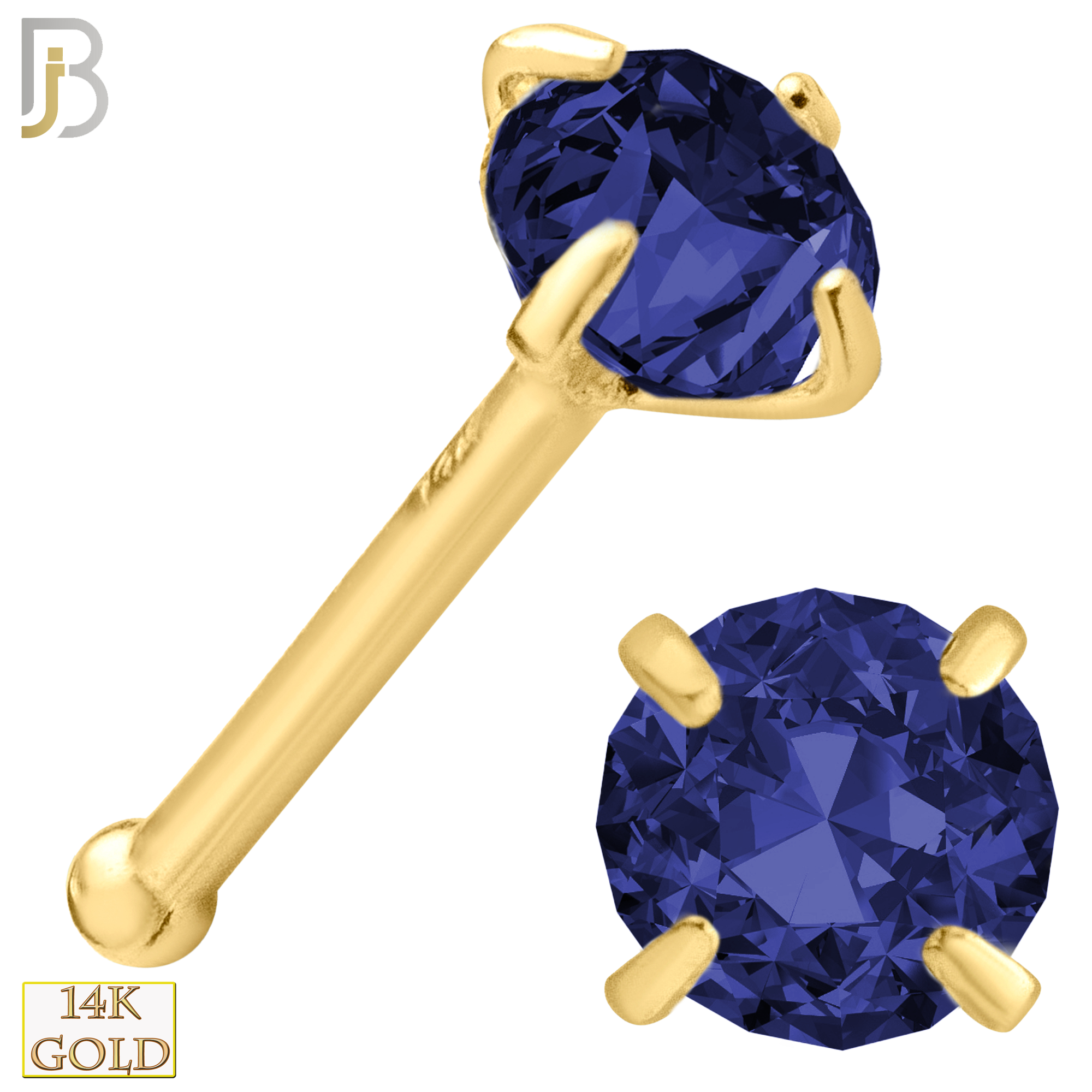 14-NR01CYS - 20g 14k Yellow Gold Nose Bone with Blue Sapphire Colored CZ image 3