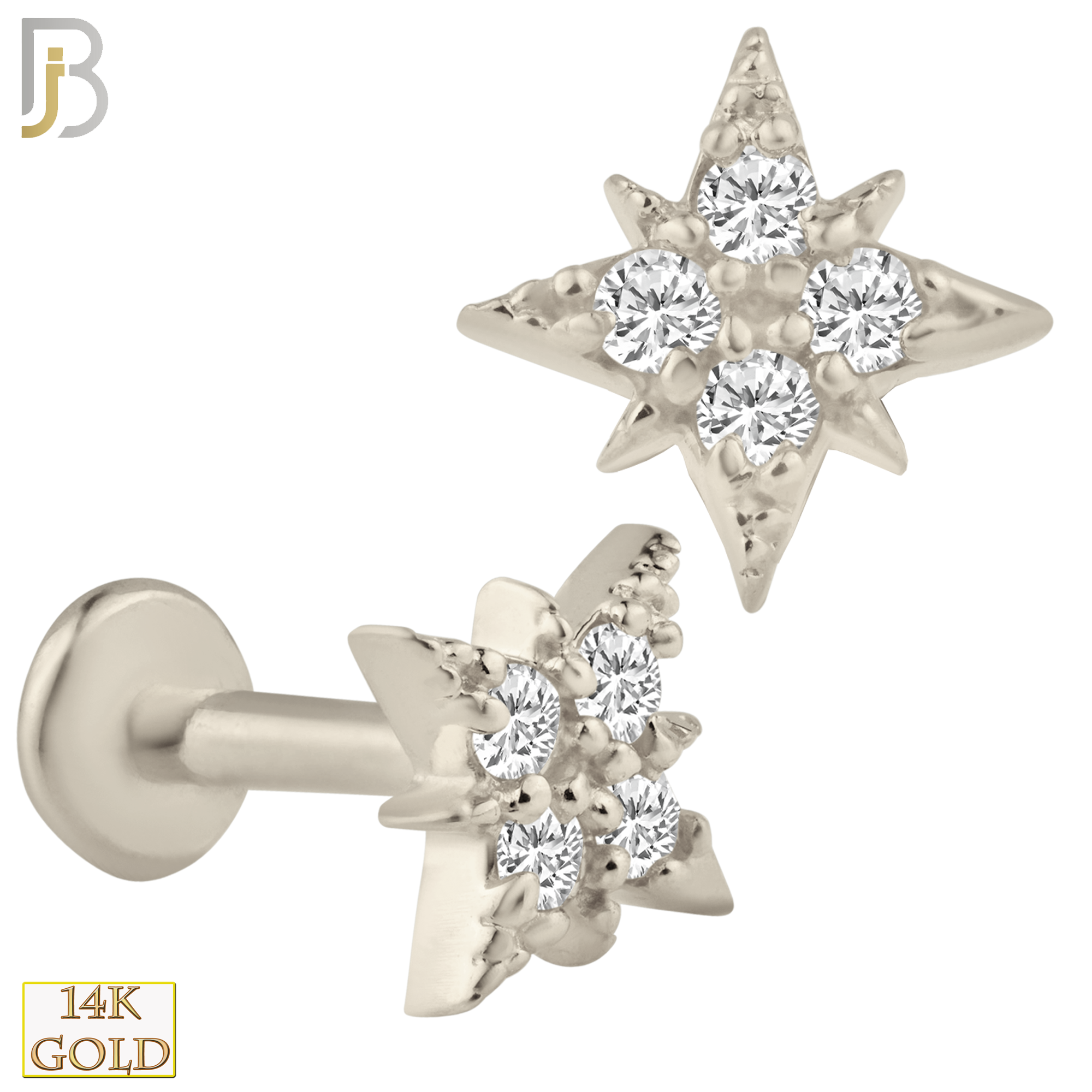 14-LB33 - 14k Solid Gold North Star with Zircon Internally Threaded Labret image 1