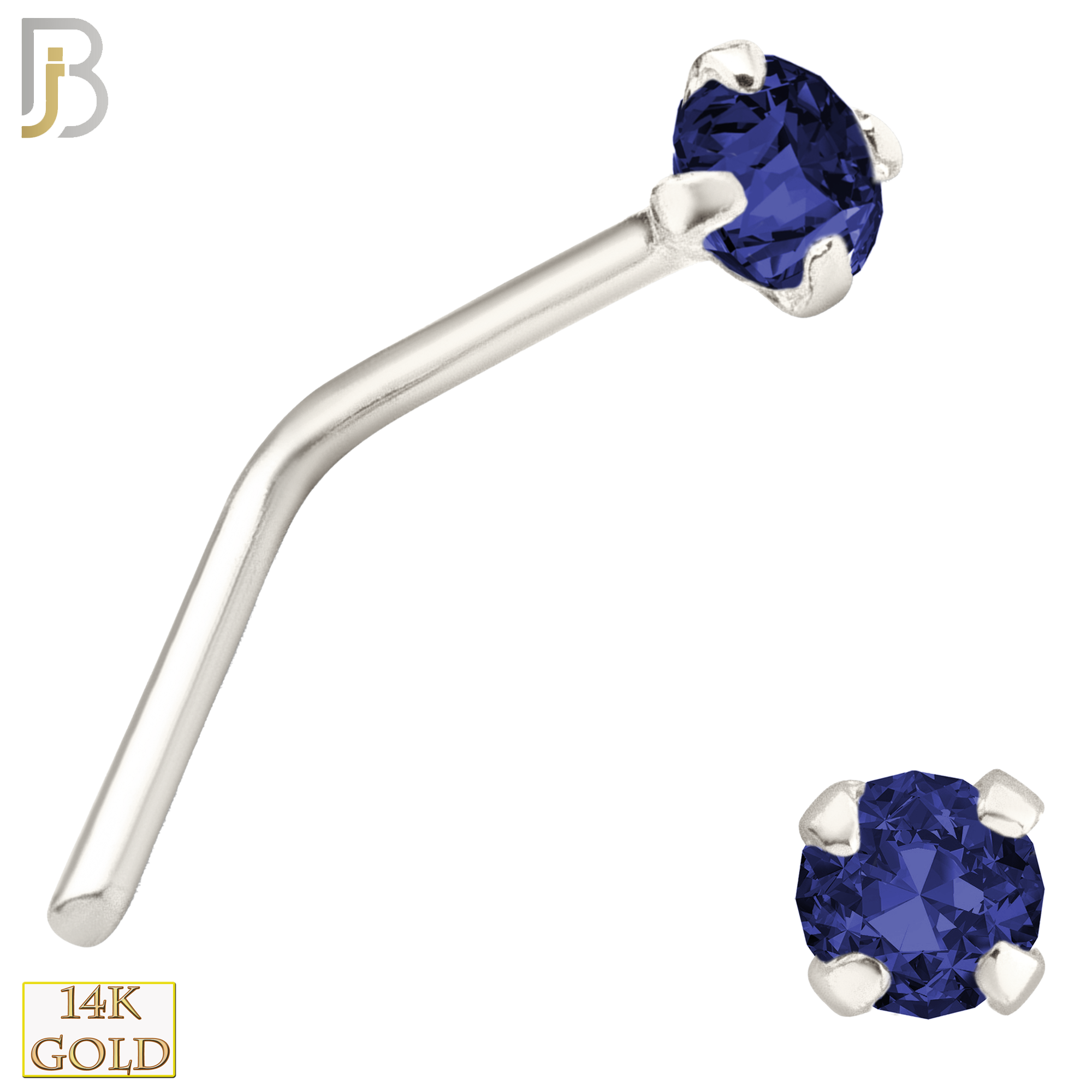 14-NR10CWS - 20g 14k White Gold L-Shaped with Blue Sapphire Colored CZ image 1