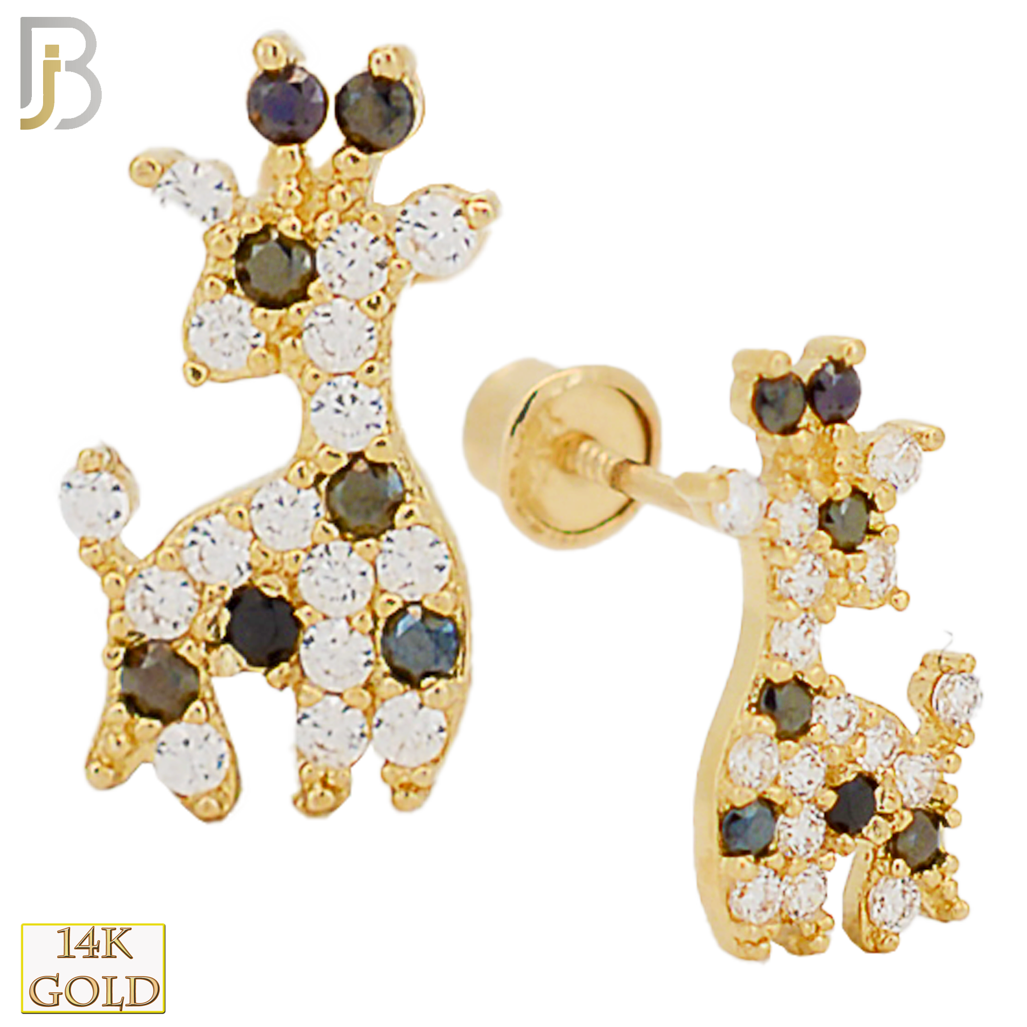 14-ES75YCK - 14k Yellow Gold Giraffe Design with Clear and Black CZ, Screw Back Stud Earrings image 0