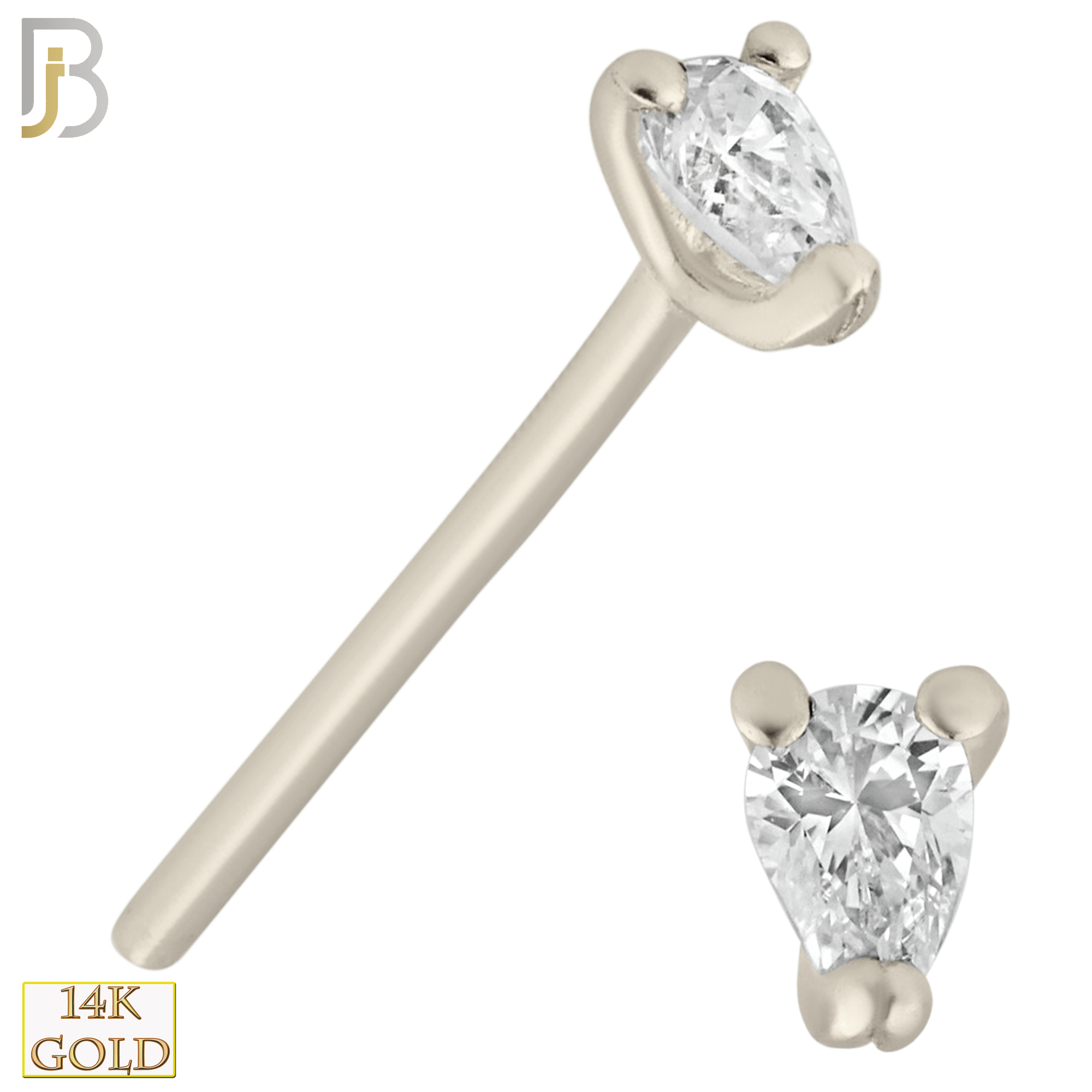 14-NR32S- 14k Solid Gold "Bend It Yourself" Straight Nose Ring with Tear Drop Shape CZ in Prong Setting image 1