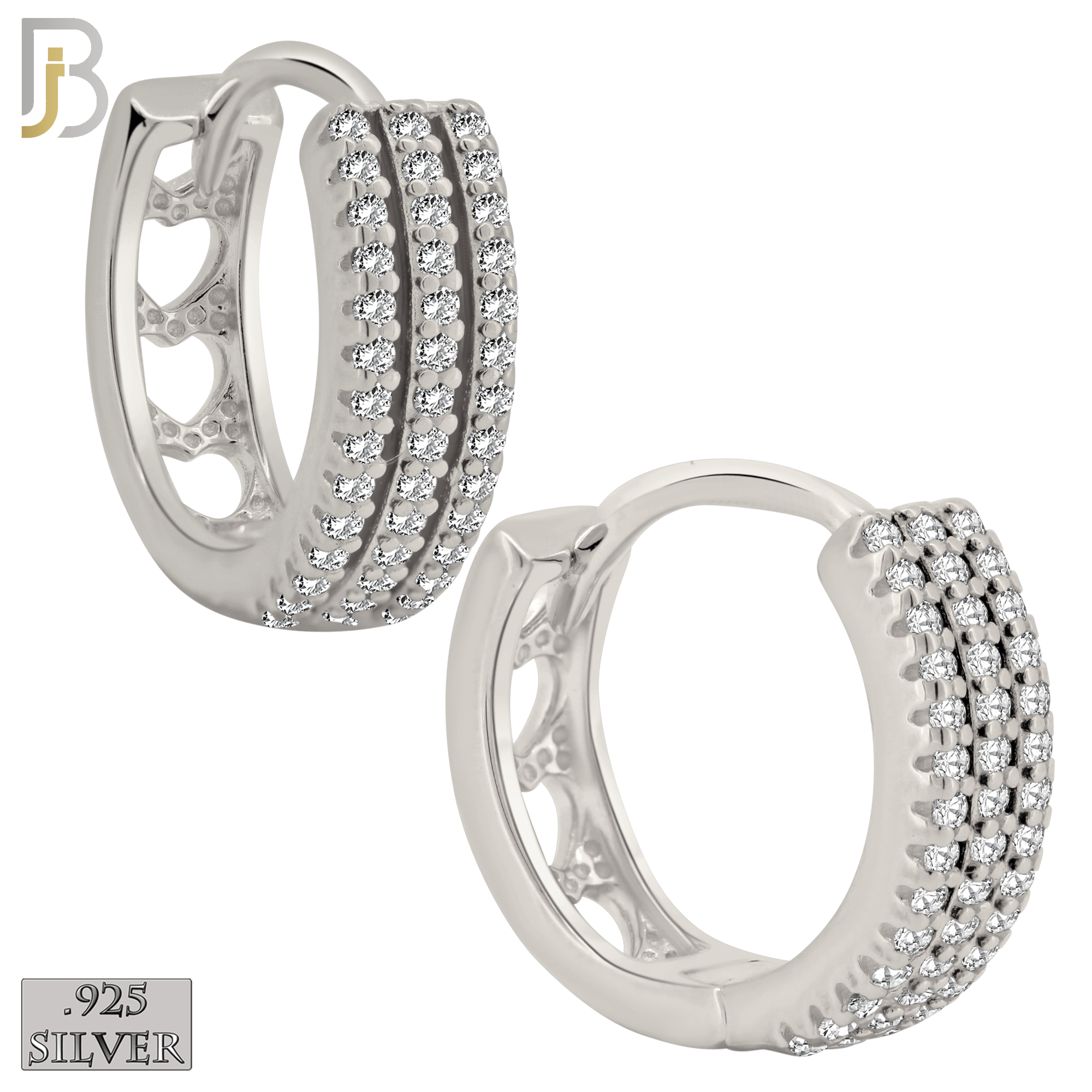 925-ES400 - .925 Sterling Silver Three Row CZ Studded Hoop Earrings with Hollow Heart Back image 0