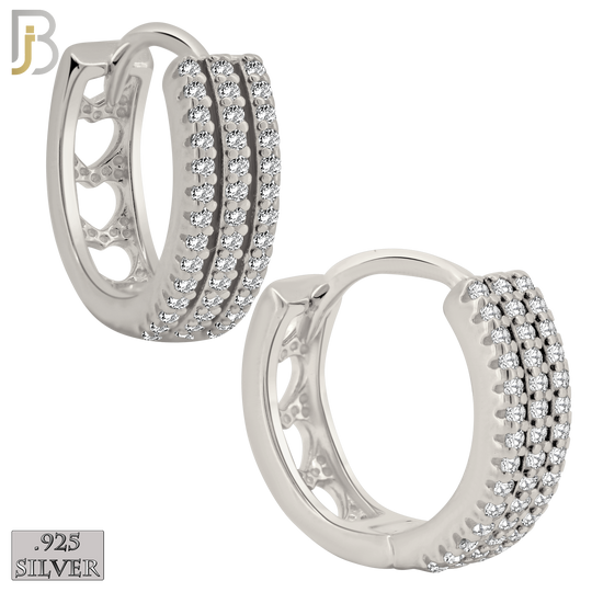 925-ES400 - .925 Sterling Silver Three Row CZ Studded Hoop Earrings with Hollow Heart Back image 0