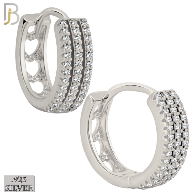 925-ES400 - .925 Sterling Silver Three Row CZ Studded Hoop Earrings with Hollow Heart Back image 0