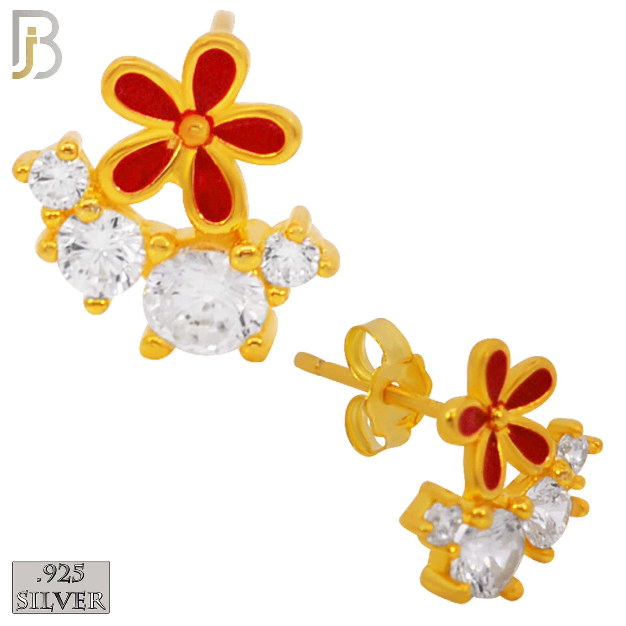 925-ES225 – .925 Sterling Silver Red Flower with Four Zircon Design Earring Stud image 2