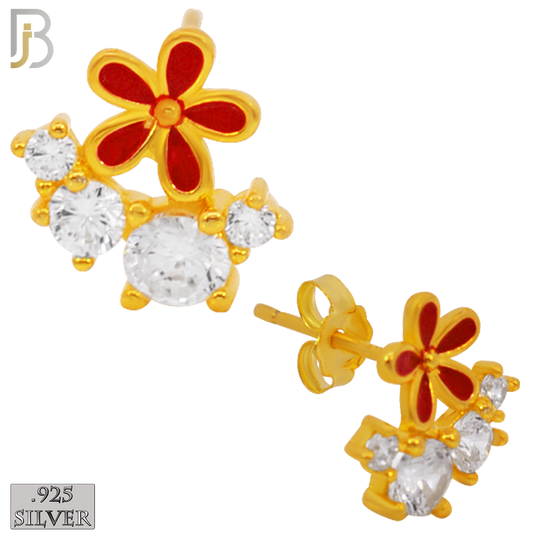 925-ES225 – .925 Sterling Silver Red Flower with Four Zircon Design Earring Stud image 2