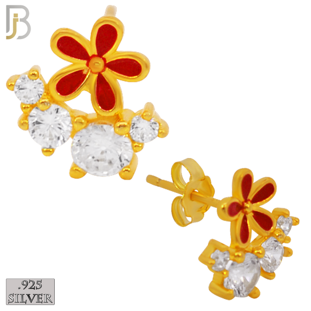 925-ES225 – .925 Sterling Silver Red Flower with Four Zircon Design Earring Stud image 2