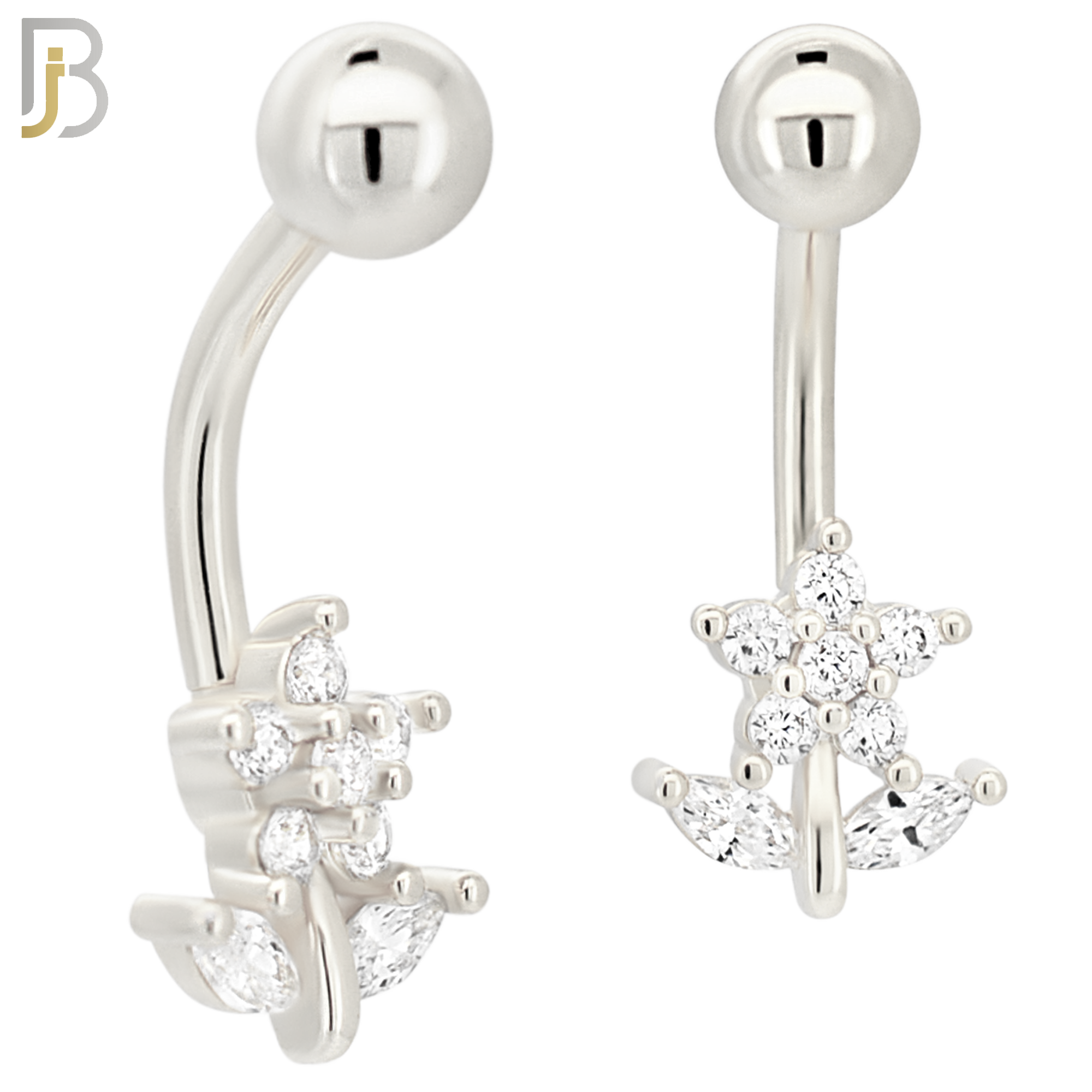 NB97 - 316L Stainless Steel Flower and Leaves with Multi CZ Banana Belly Ring image 1