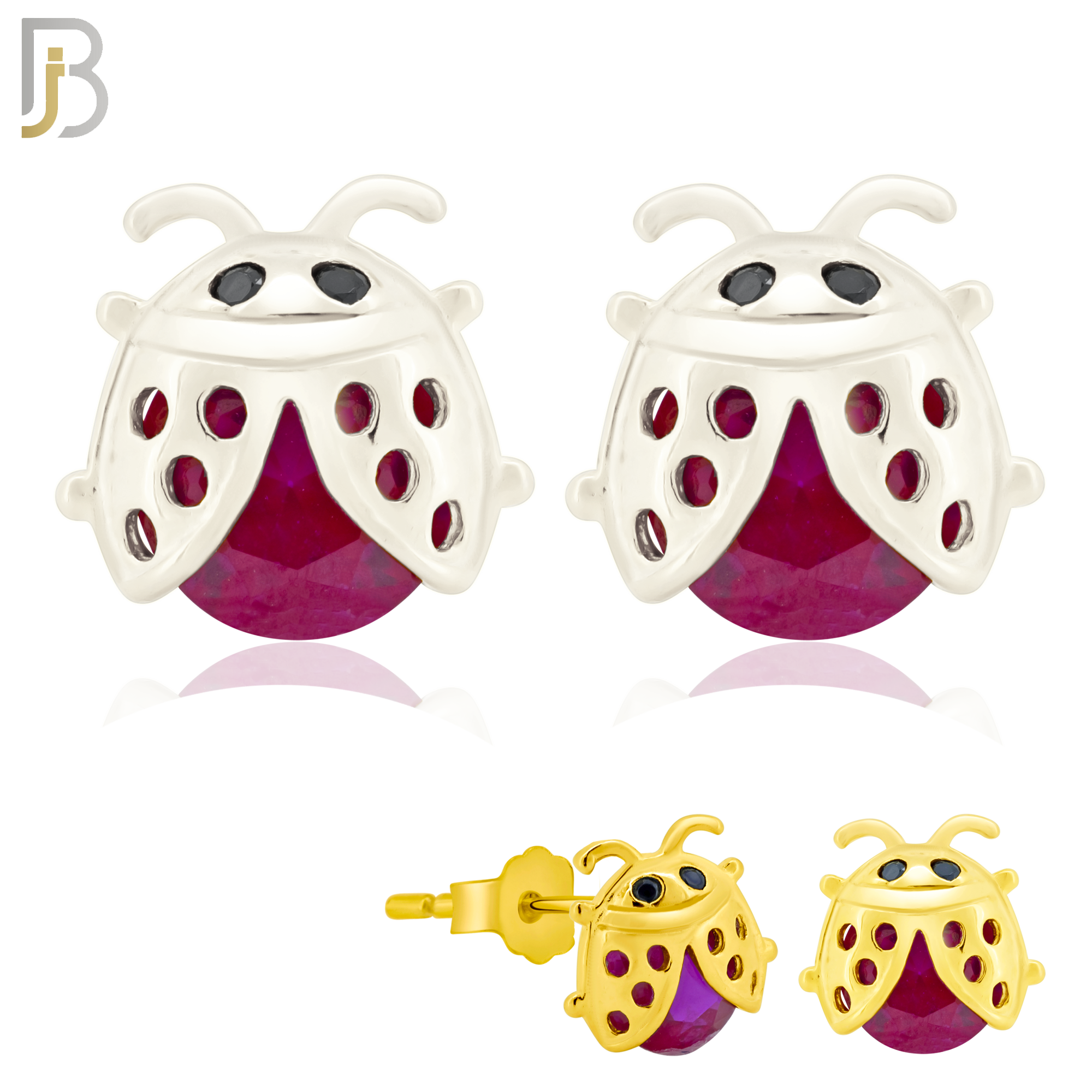 925-ES198 - Push Back - .925 Sterling Silver Lady Bug Design Earring Stud with Fuchsia Zircon image 0