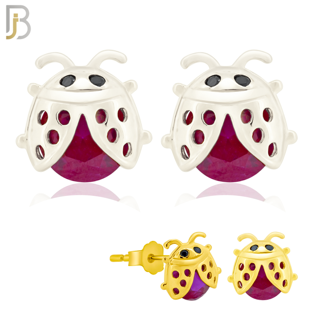 925-ES198 - Push Back - .925 Sterling Silver Lady Bug Design Earring Stud with Fuchsia Zircon image 0