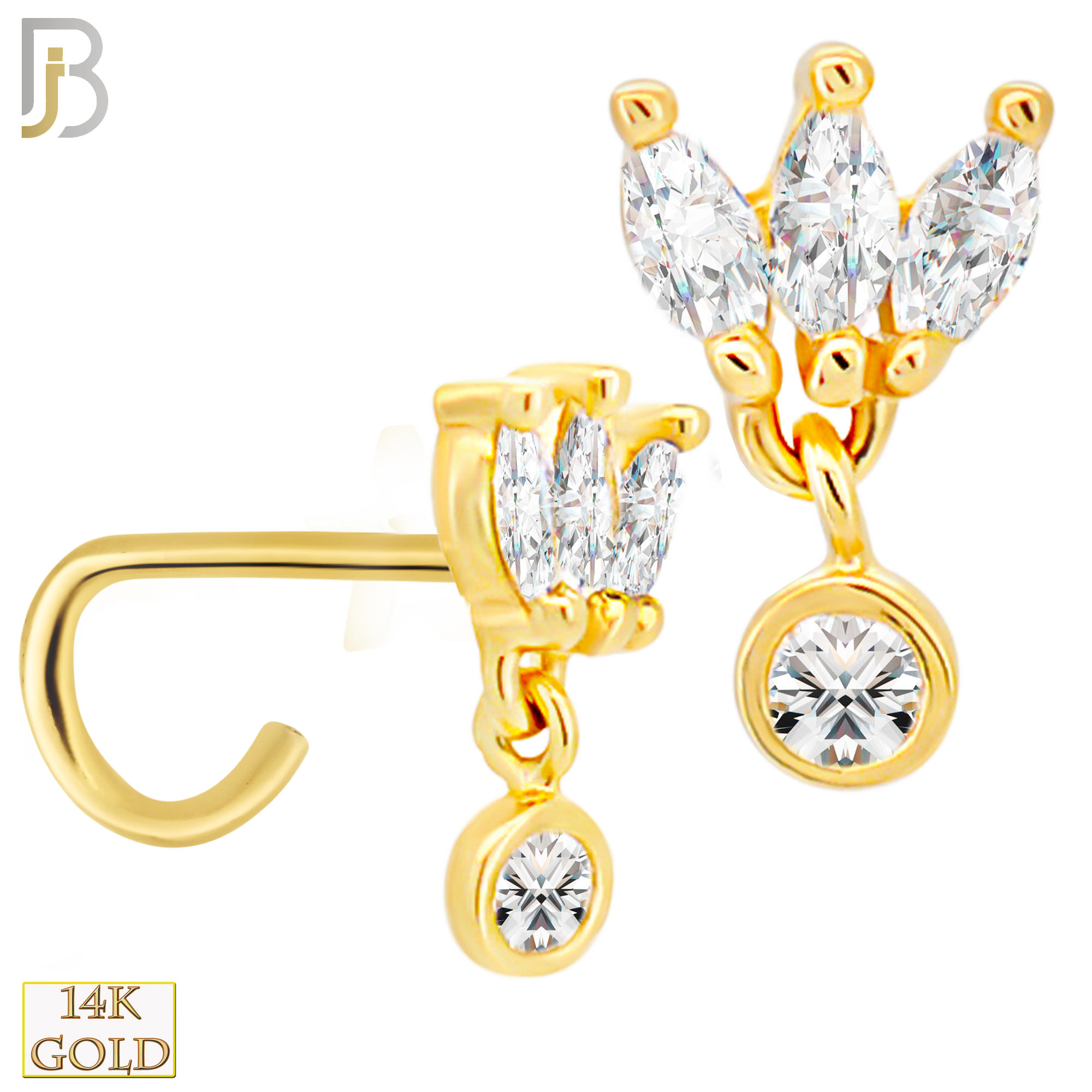 14-NR75C - 14k Gold Nose Screw with Three Petal Marquise Shaped CZs with Dangling Round CZ image 0