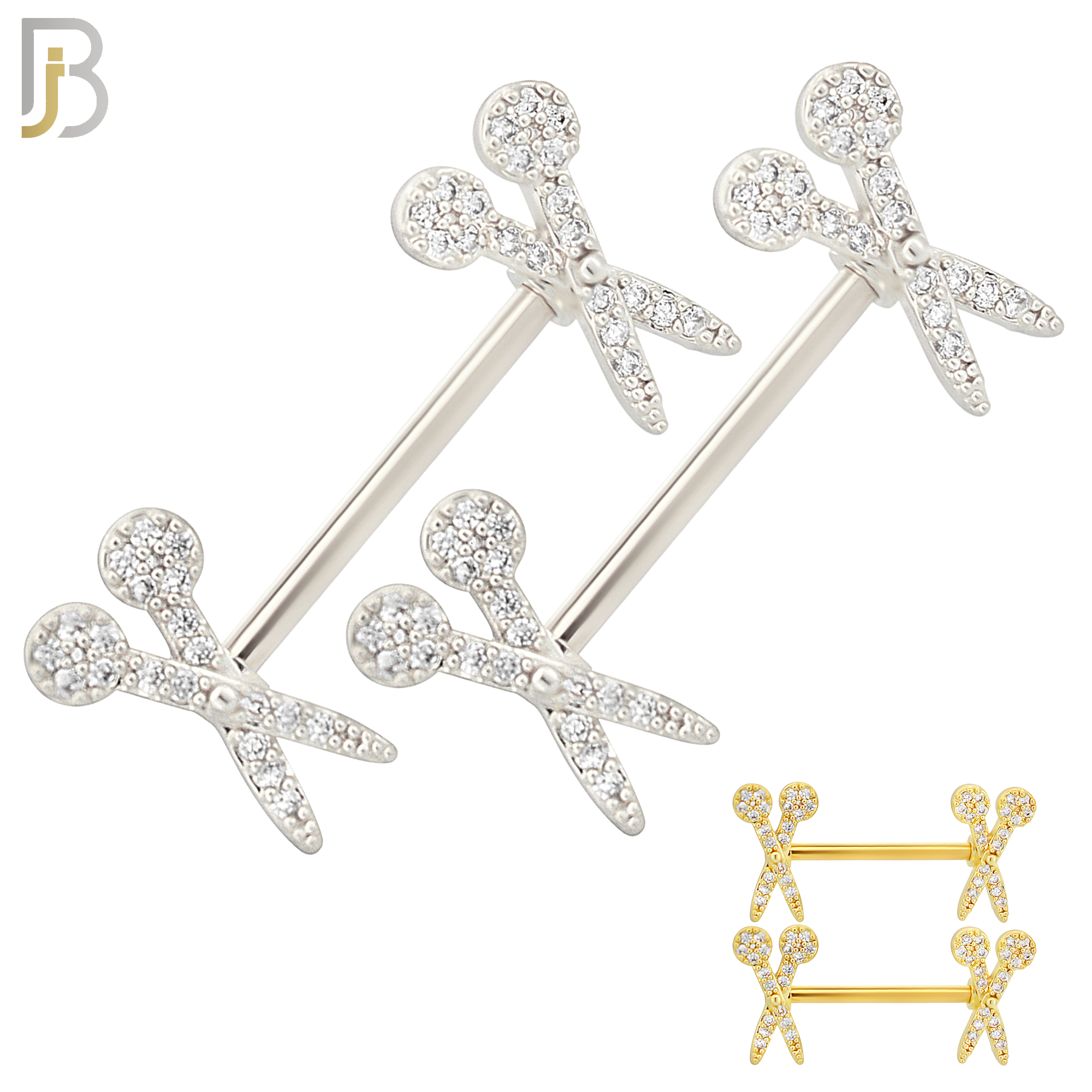 NP54 - 316L Surgical Steel Scissors Design with Multi Zircon Nipple Rings Pair image 0