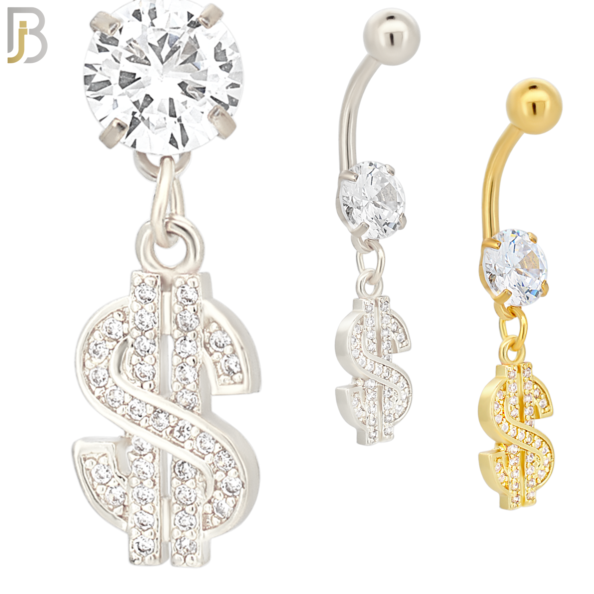N046 - 316L Stainless Steel Dangling Dollar Sign with Zircon Design Belly Ring with 5mm Screw Ball image 0