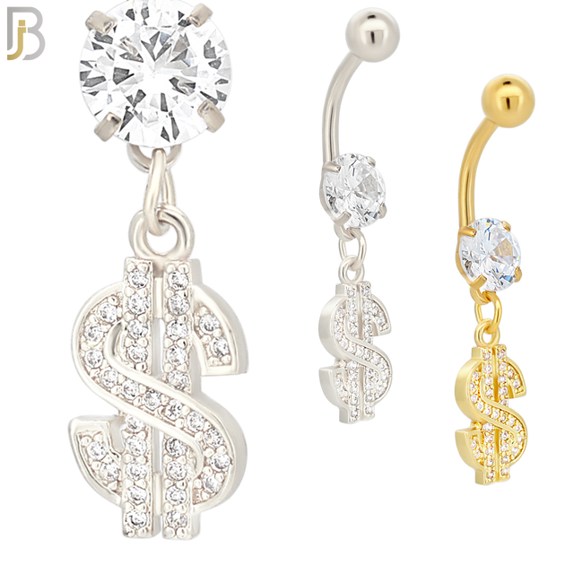 N046 - 316L Stainless Steel Dangling Dollar Sign with Zircon Design Belly Ring with 5mm Screw Ball image 0