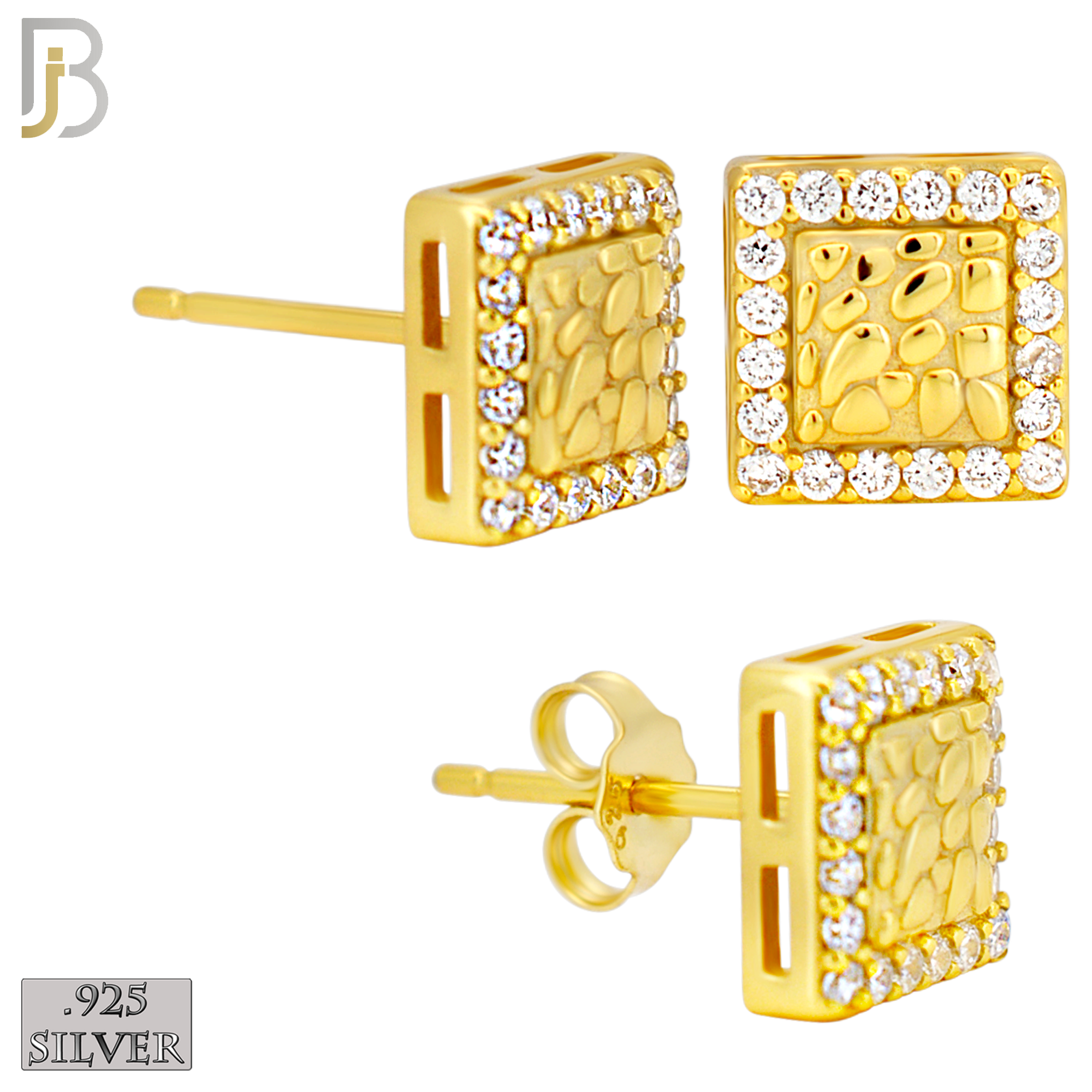 925-ES517 - 925 Sterling Silver Square with CZ Halo Nugget Push Back Earrings - 8mm image