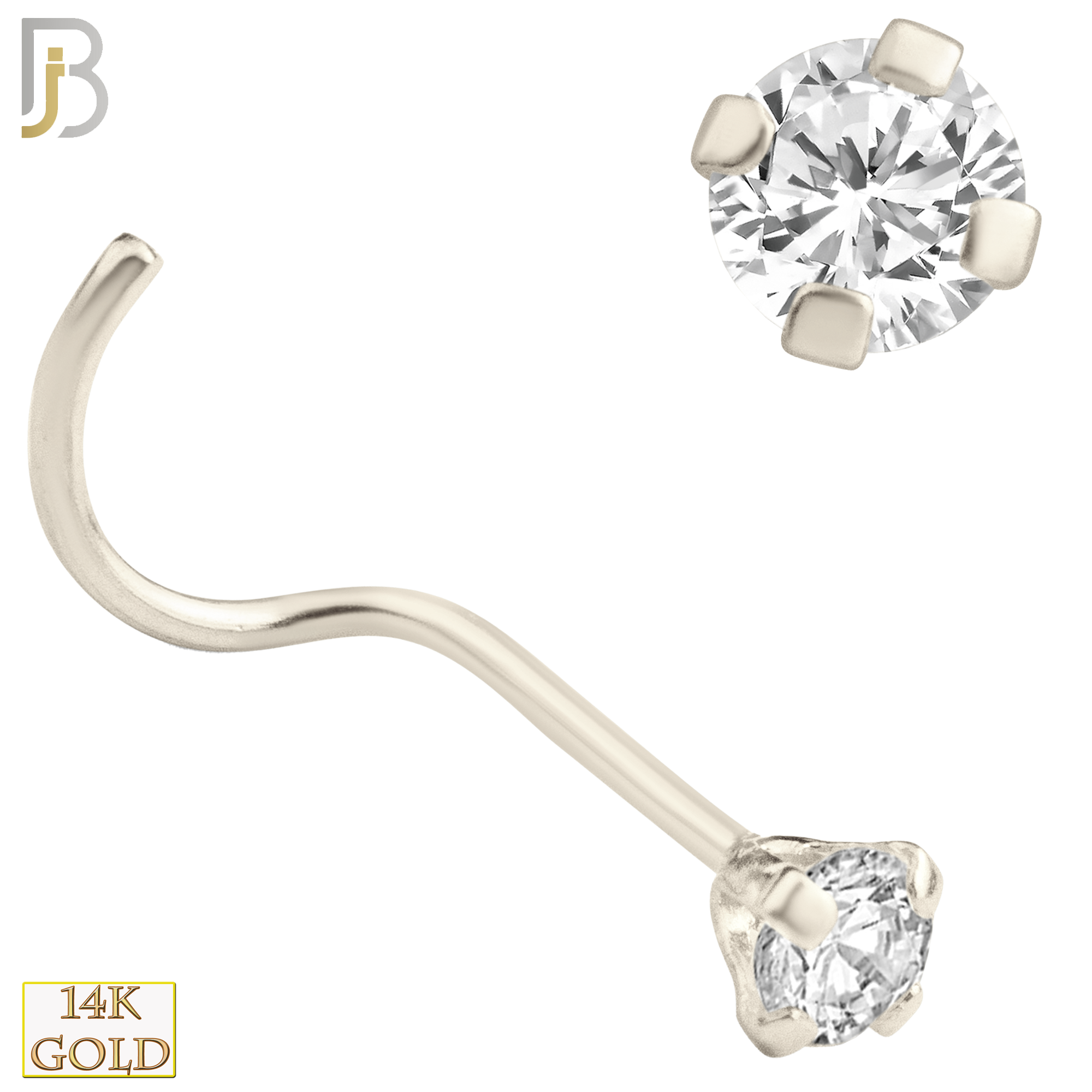 14-NR03CW-20 - 20g Thickness 14k Solid White Gold Prong Setting  Round Cubic Zircona Nose Screw, Cork Screw image 4