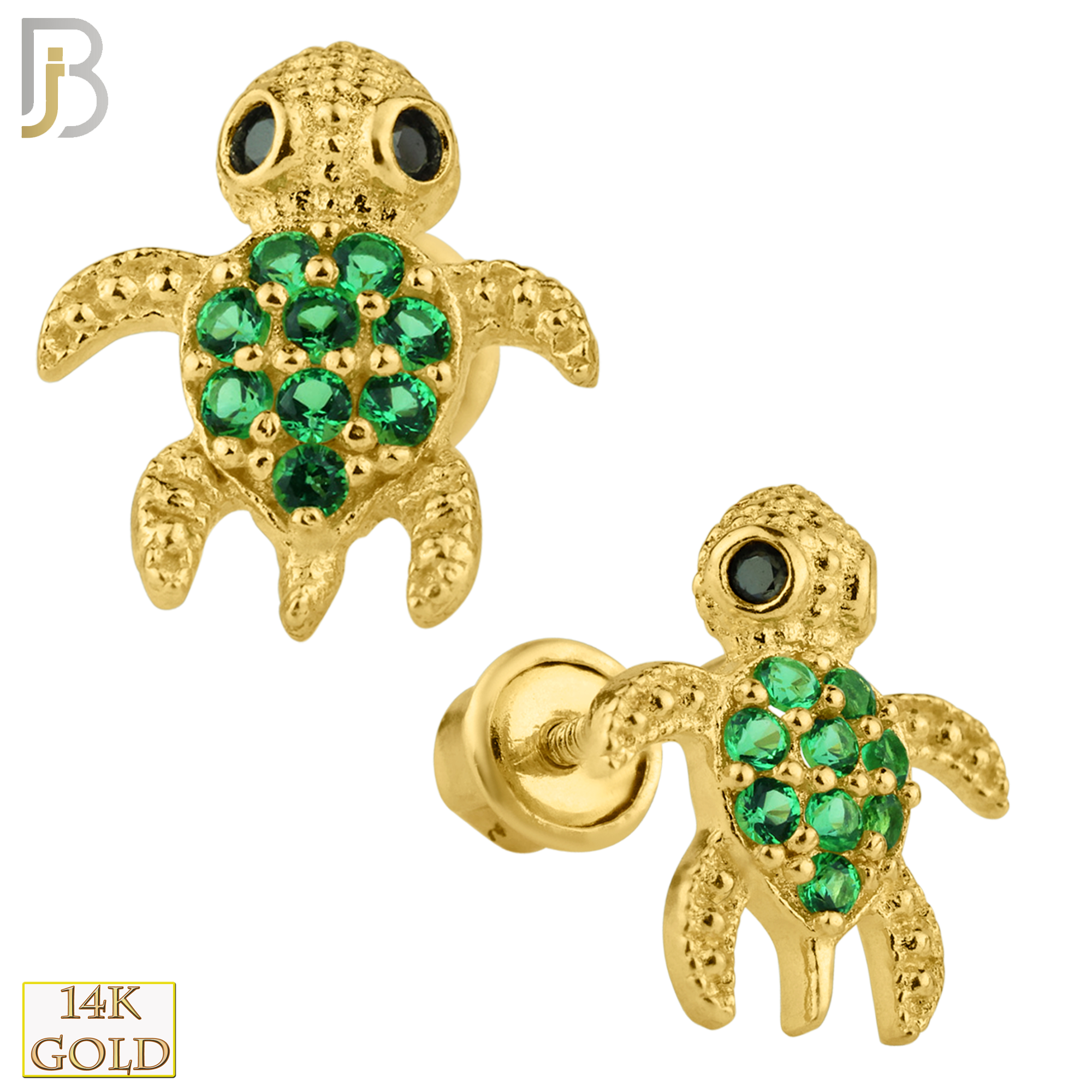 14-ES21 - 14k Yellow Gold Screw Back Earring 8x7mm Turtle w/ Green CZ Design image 0