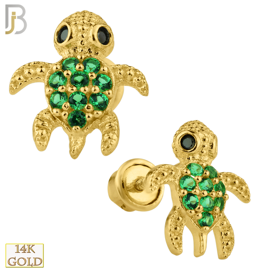 14-ES21 - 14k Yellow Gold Screw Back Earring 8x7mm Turtle w/ Green CZ Design image 0