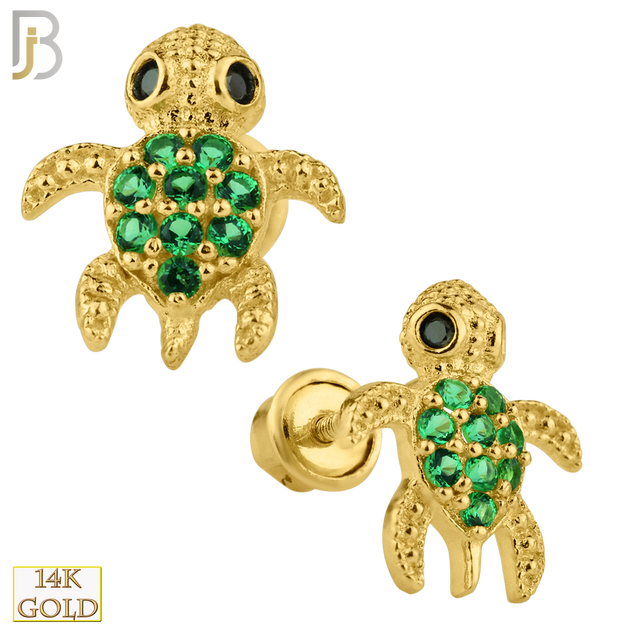 14-ES21 - 14k Yellow Gold Screw Back Earring 8x7mm Turtle w/ Green CZ Design image 0