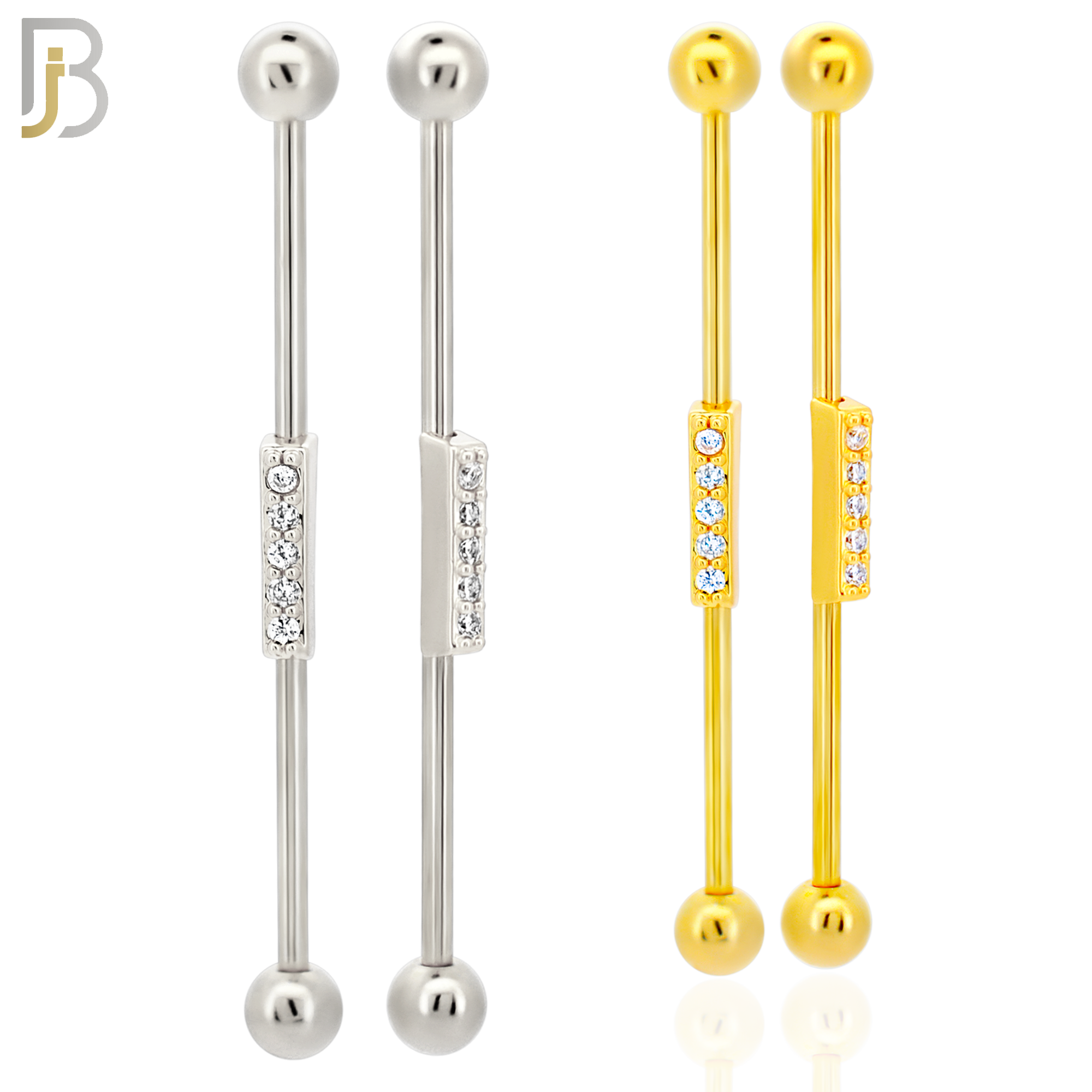 BB33 - 316L Surgical Steel Screw Bar with Brass Rectangle 5 CZ Design Barbell Industrial (PACK OF 4) image 0