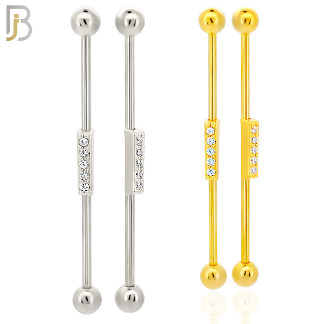 BB33 - 316L Surgical Steel Screw Bar with Brass Rectangle 5 CZ Design Barbell Industrial (PACK OF 4) image 0