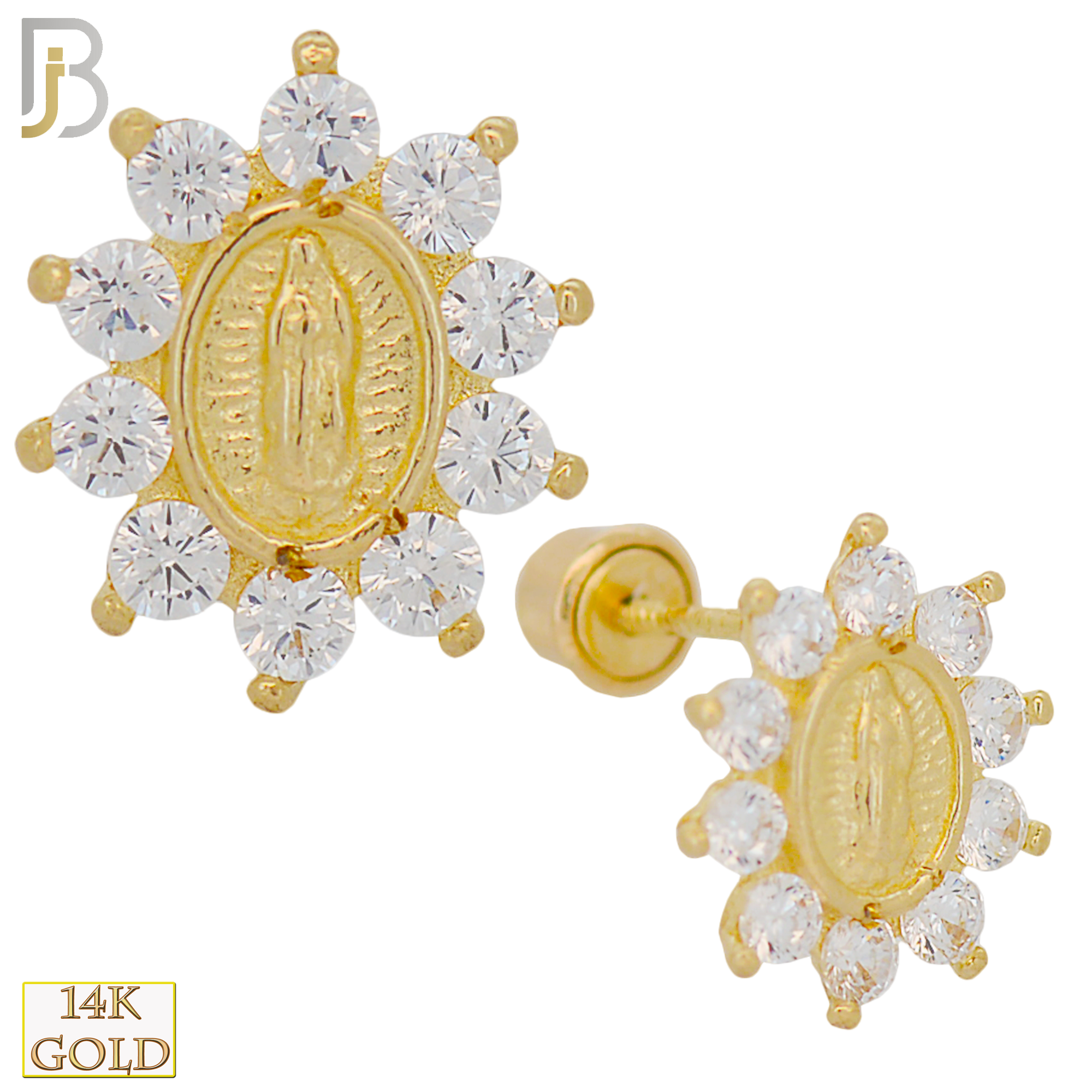 14-ES101 - 14k Yellow Gold Virgin Mary Design with Single Prong Set Zircon Screw Back Stud Earring - Yellow Gold image