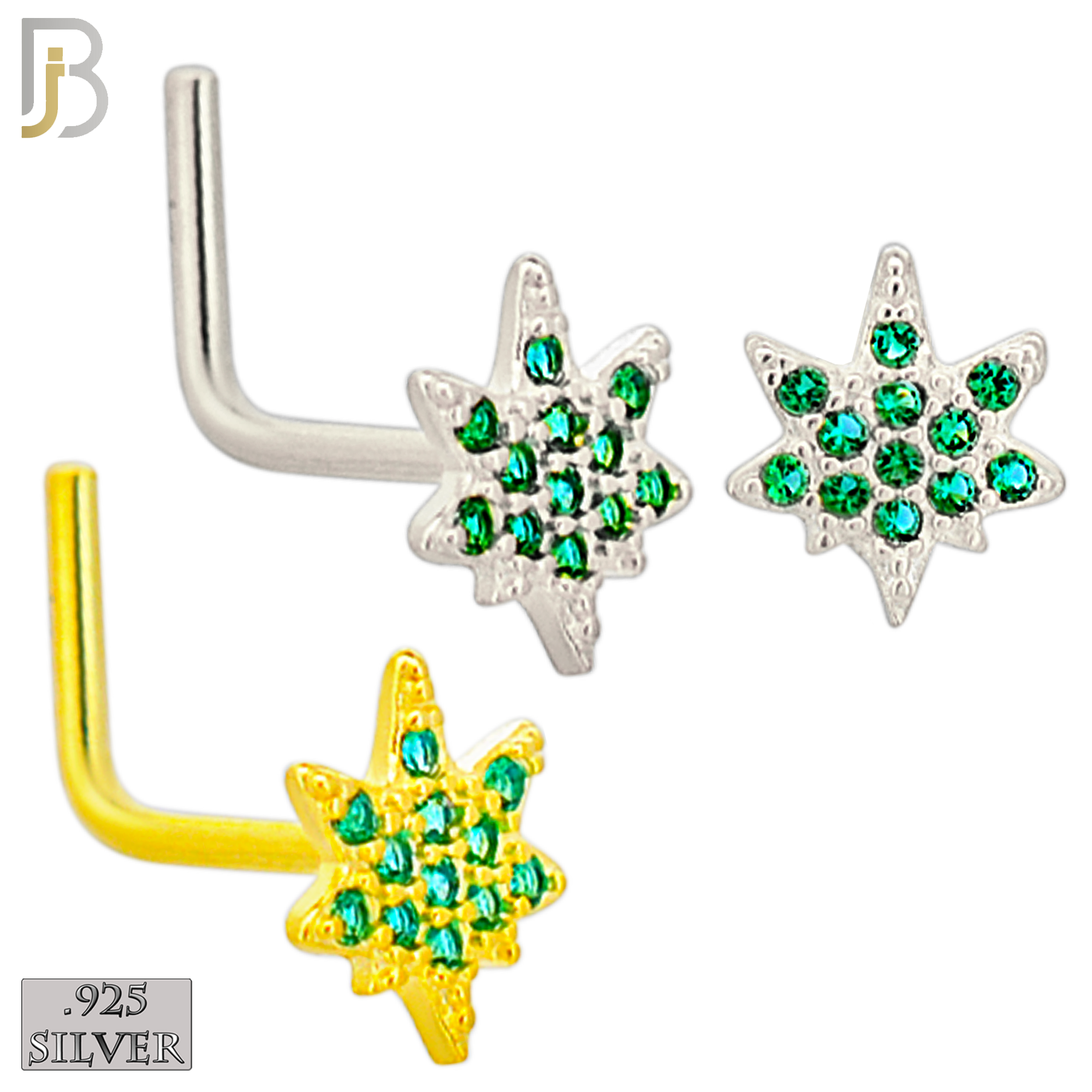 925-NR110LGSG - 925 Sterling Silver Leaf with Green CZ L Shape Nose Ring (Pack of 6) - Rhodium Plated and Yellow Gold Plated image