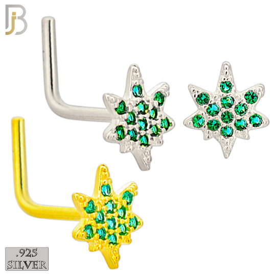 925-NR110LGSG - 925 Sterling Silver Leaf with Green CZ L Shape Nose Ring (Pack of 6) - Rhodium Plated and Yellow Gold Plated image