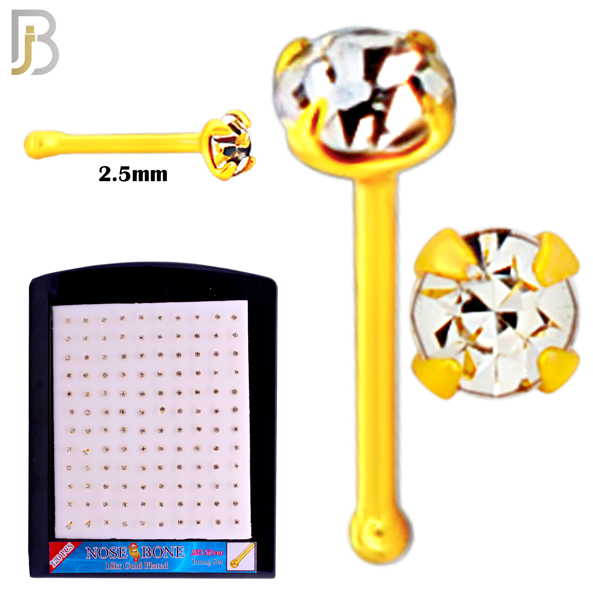 925-PK-NR01Y-1C - 2.5mm 22g Thickness 18KT Gold Plated  925 Sterling Silver Nose Bones, Prong Set Packages Pack of 120 image 1